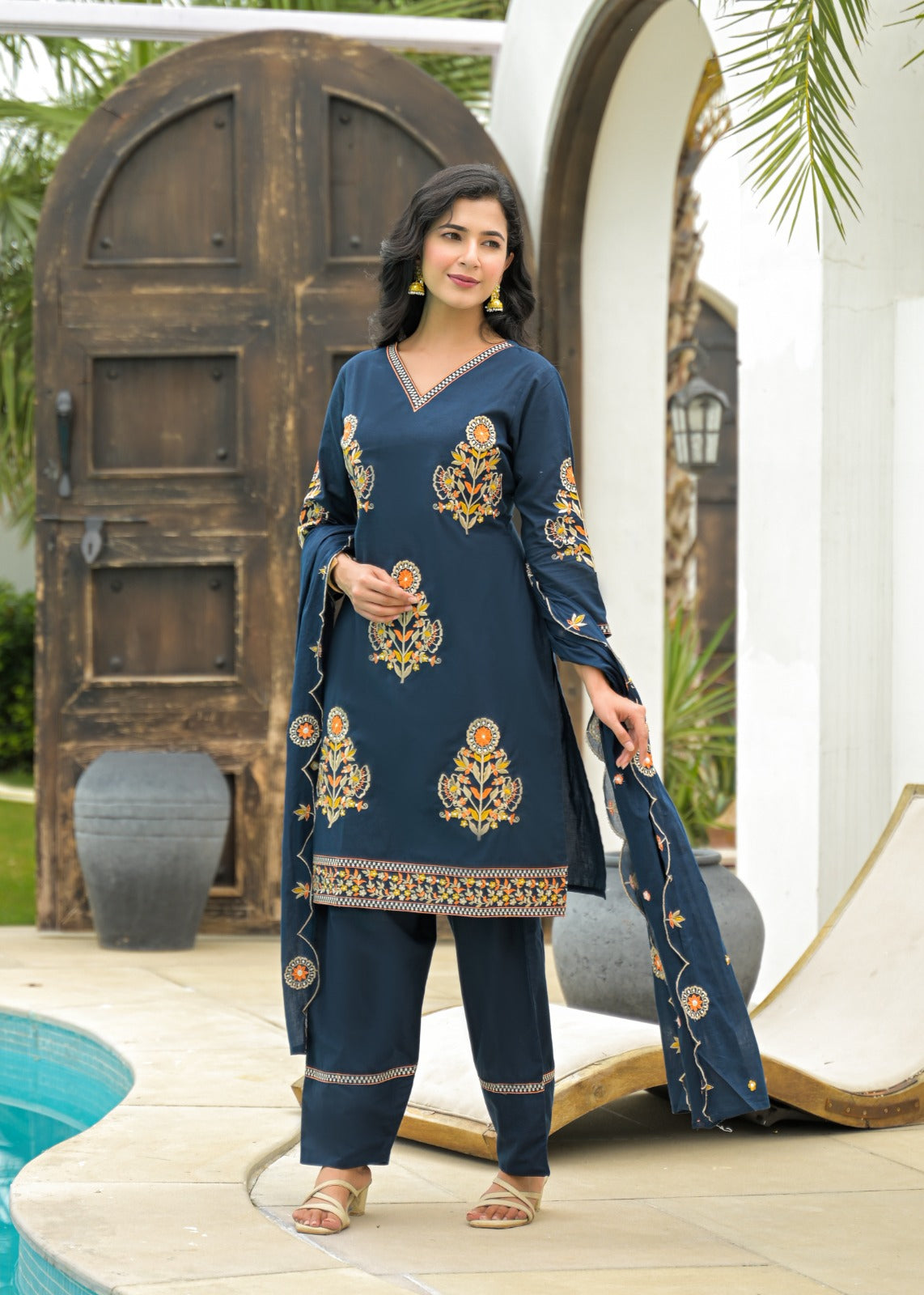 Embroidered Farsi salwar suit set in blue colour