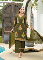 Embroidered Farsi salwar suit set in green colour