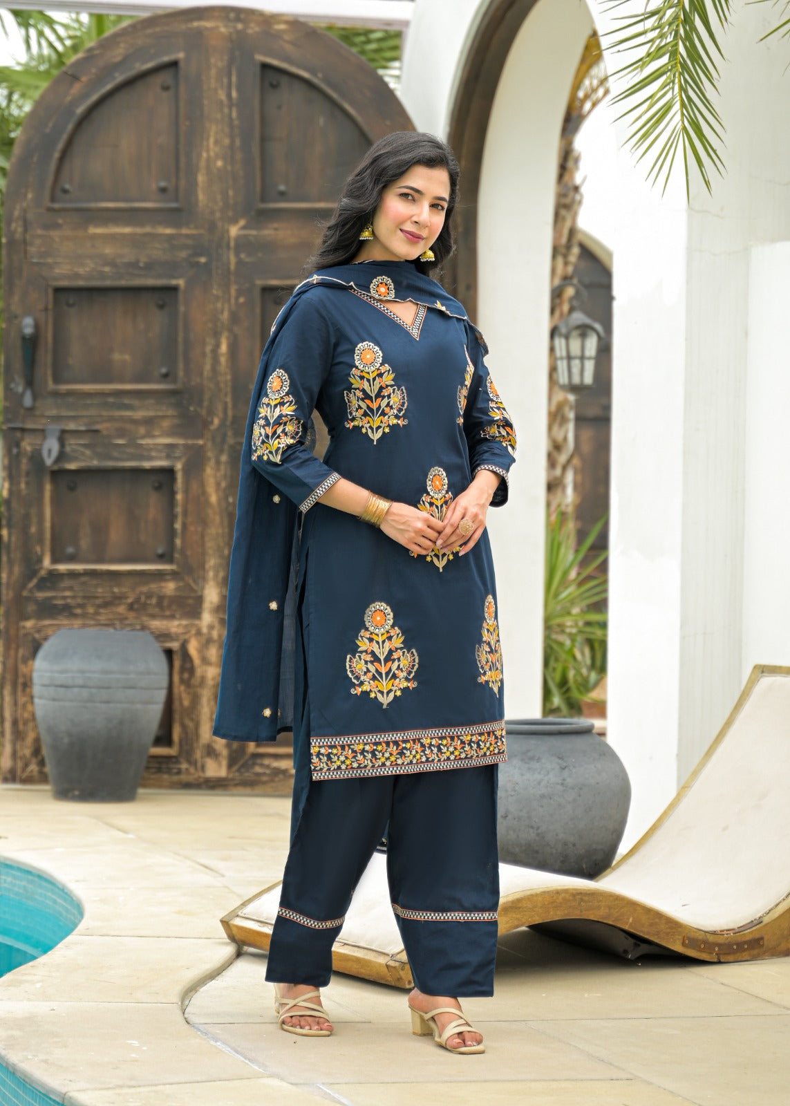 Embroidered Farsi salwar suit set in blue colour