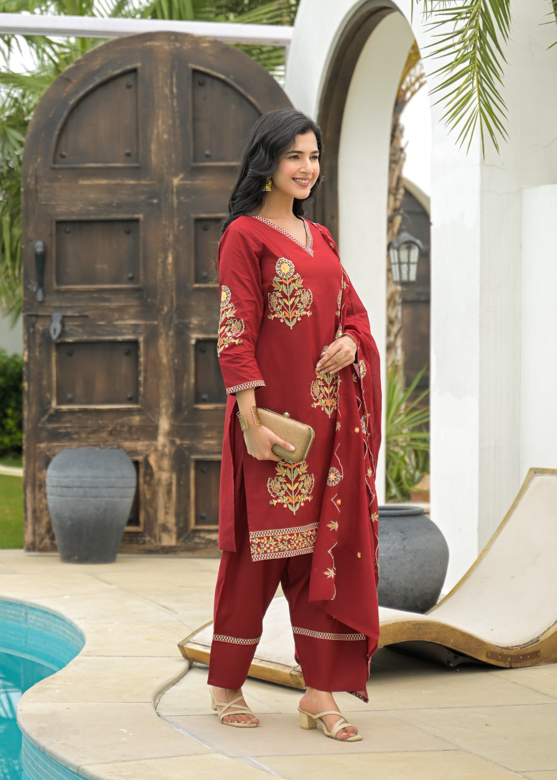 Embroidered Farsi salwar suit set in red colour