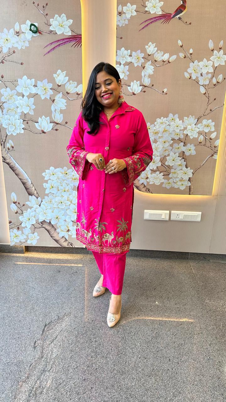 Super smart Rani pink embroidered co ord set