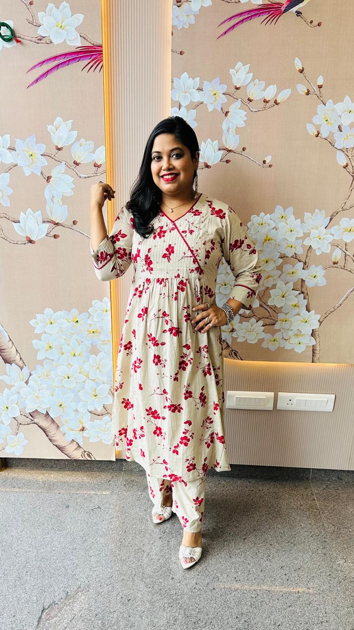 Very smart Angrakha pattern cotton kurta pant in red