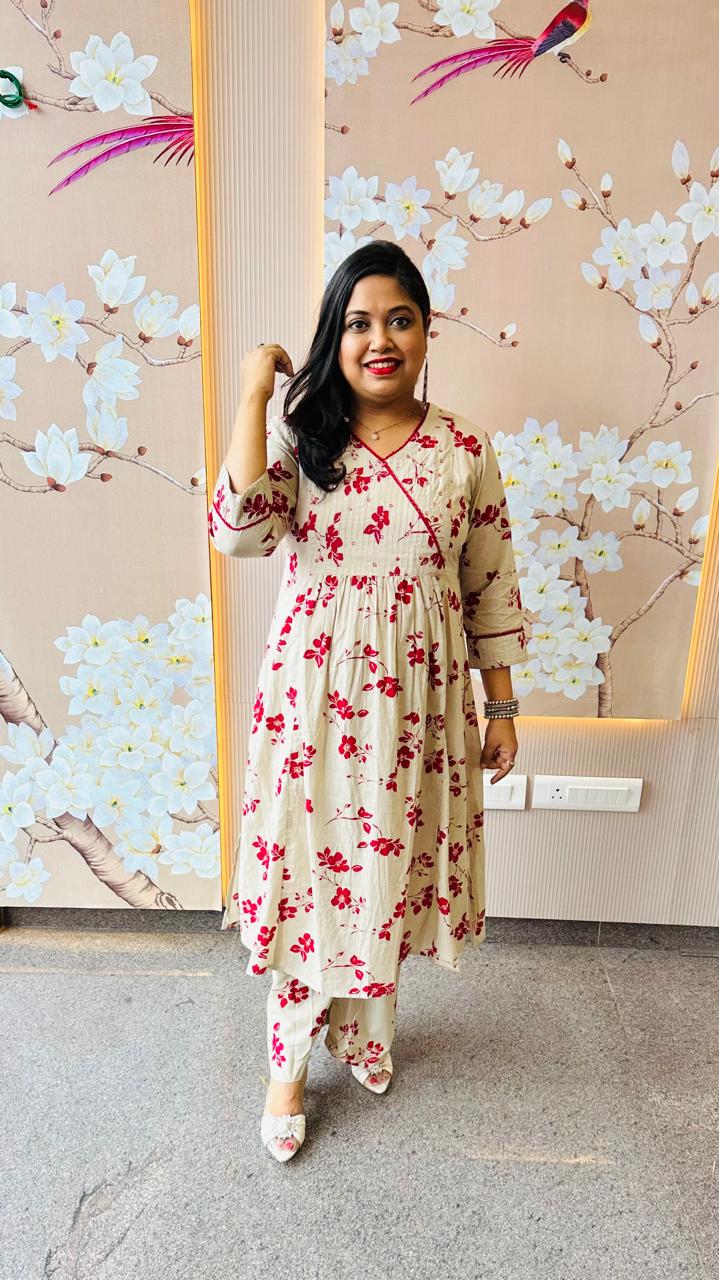 Very smart Angrakha pattern cotton kurta pant in red