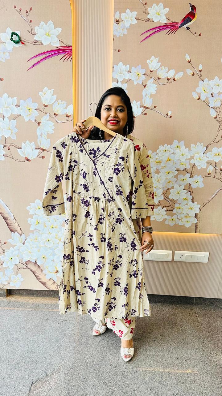 Very smart Angrakha pattern cotton kurta pang in purple