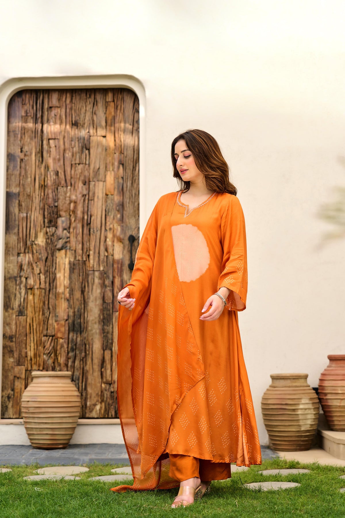 Super smart Mul silk designer suit set in orange