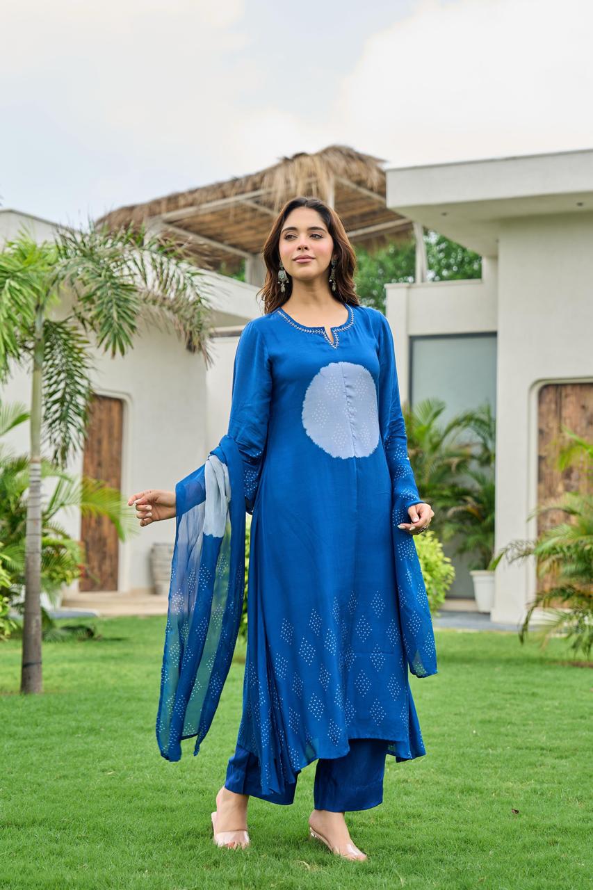Super smart Mul silk designer suit set in blue
