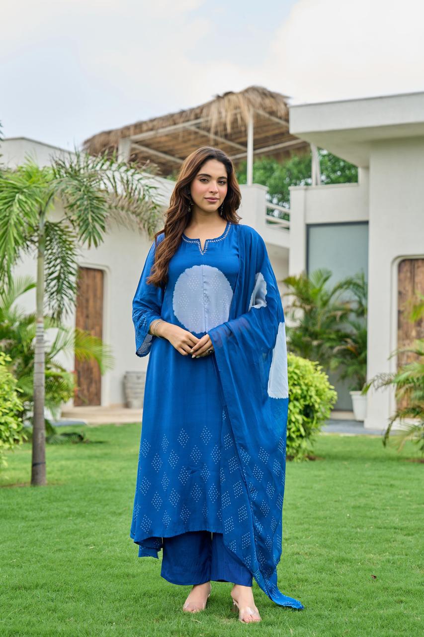 Super smart Mul silk designer suit set in blue
