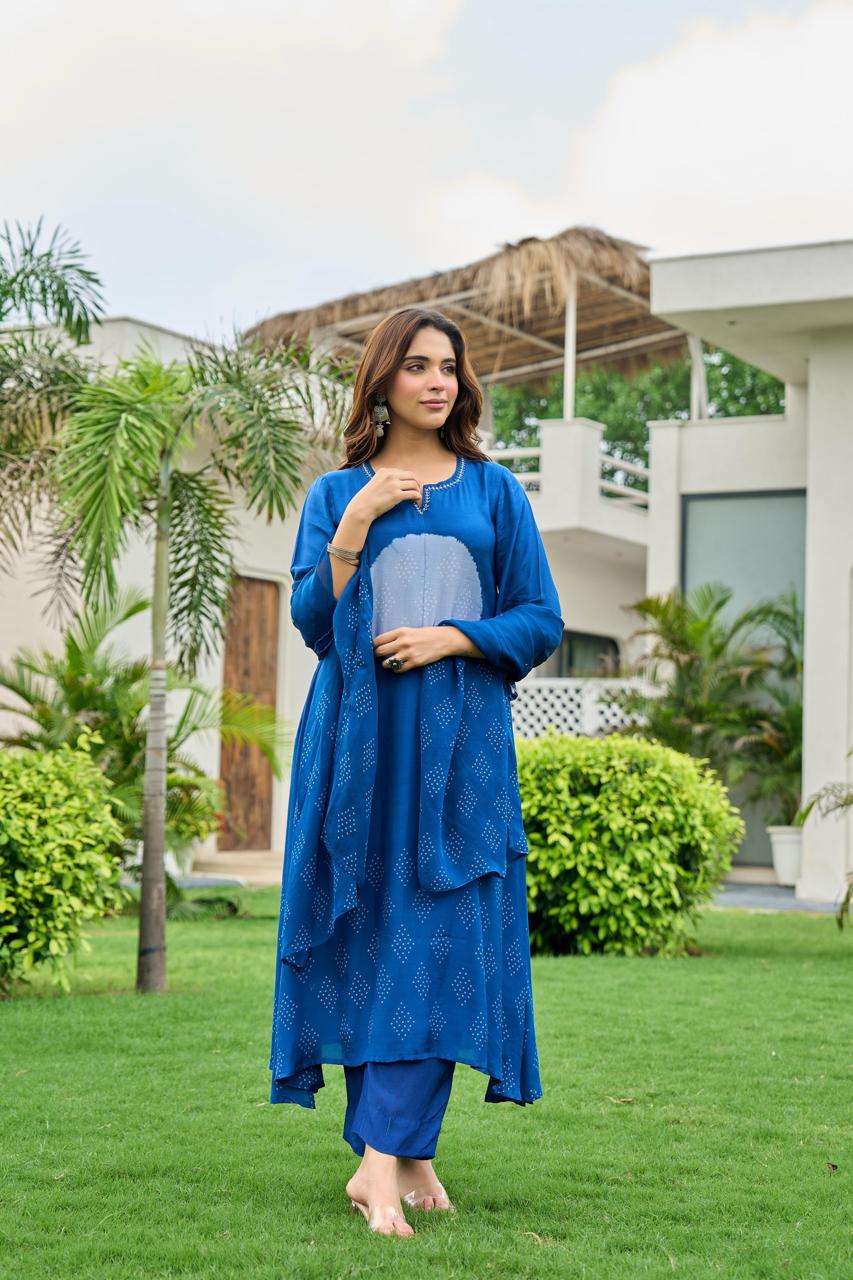 Super smart Mul silk designer suit set in blue