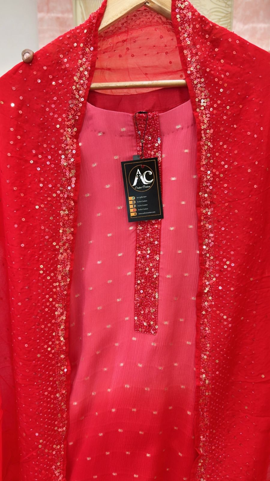 Heavy chinon with full gold Zari weaving suit paired with crepe embellished dupatta