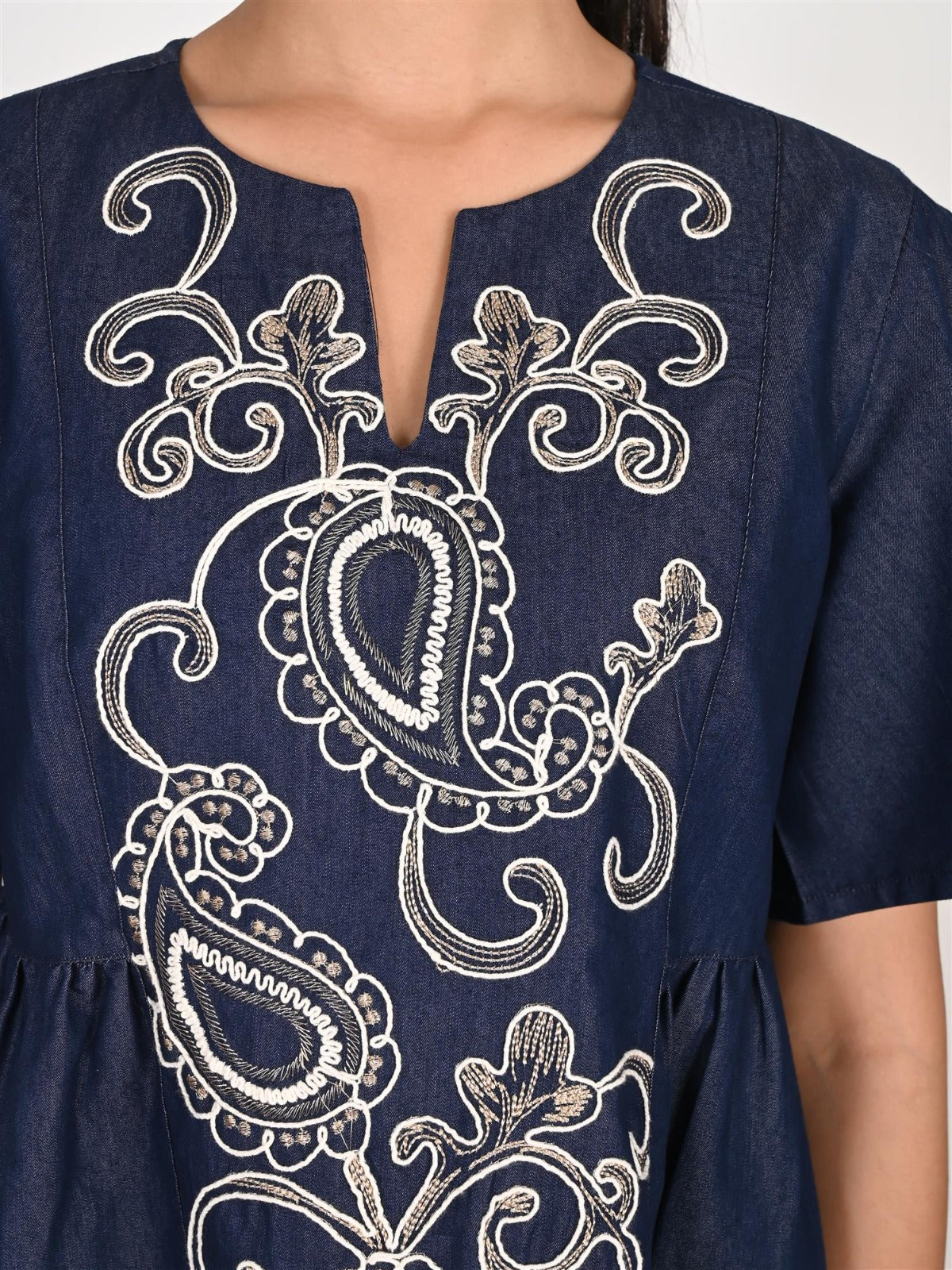 Denim cotton embroidered one piece