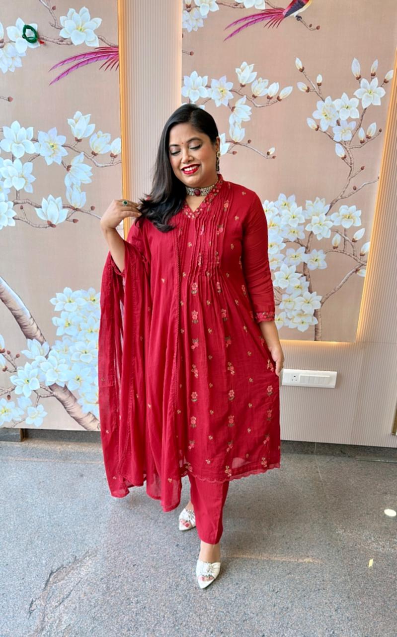 Restocked !! Super pretty Mul cotton embroidered full suit !!