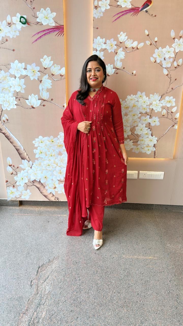 Restocked !! Super pretty Mul cotton embroidered full suit !!