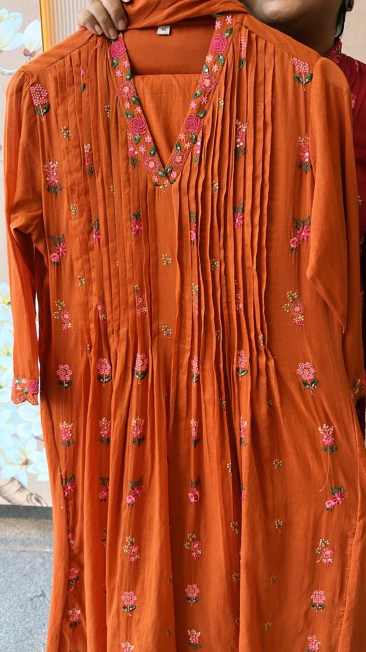Restocked ! Super pretty Mul cotton embroidered full suit in orange!
