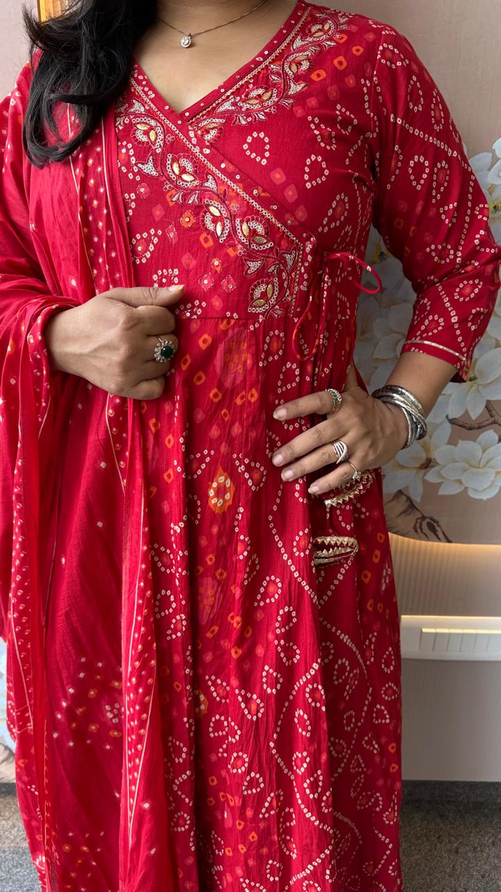 Restocked !! Bandhani Angrakha cotton suit set !!