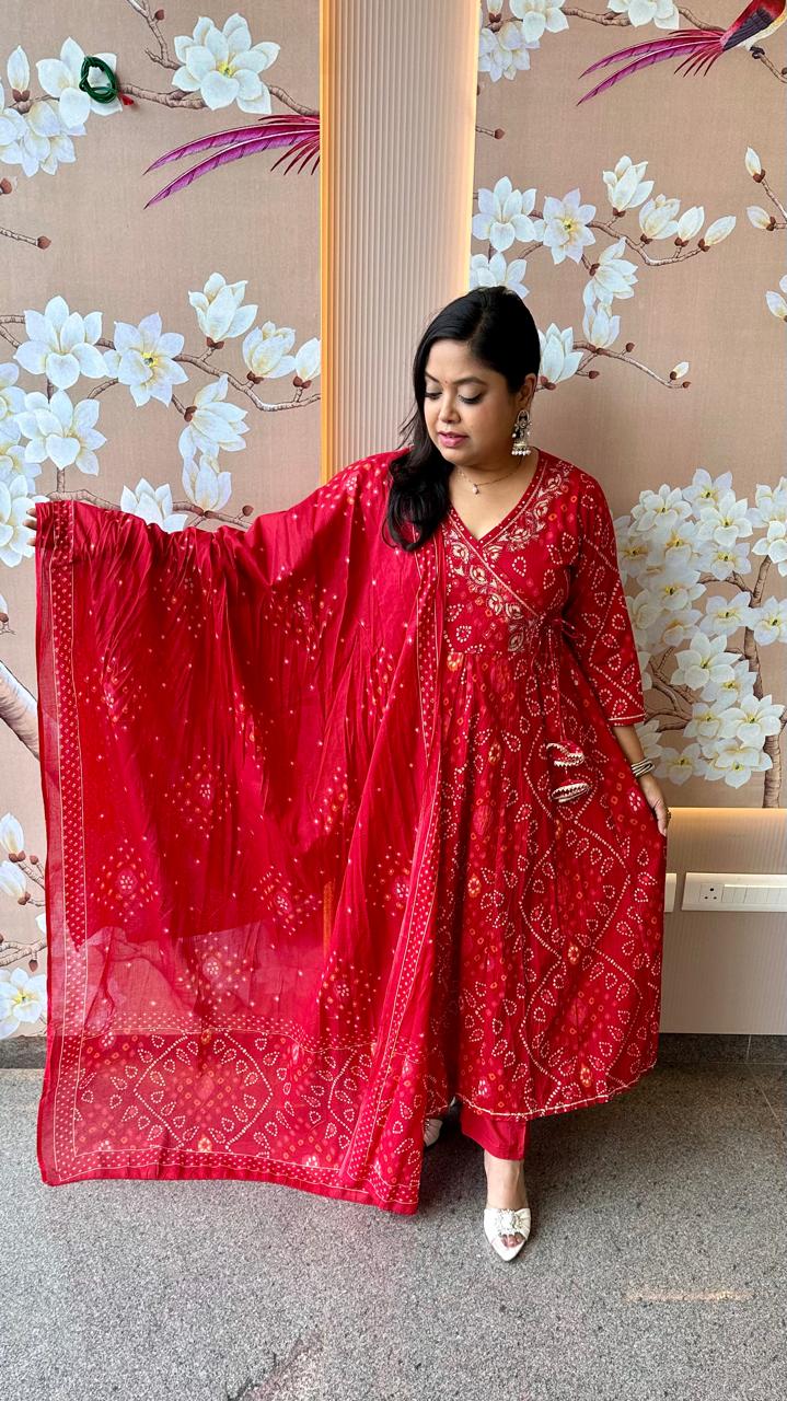 Restocked !! Bandhani Angrakha cotton suit set !!