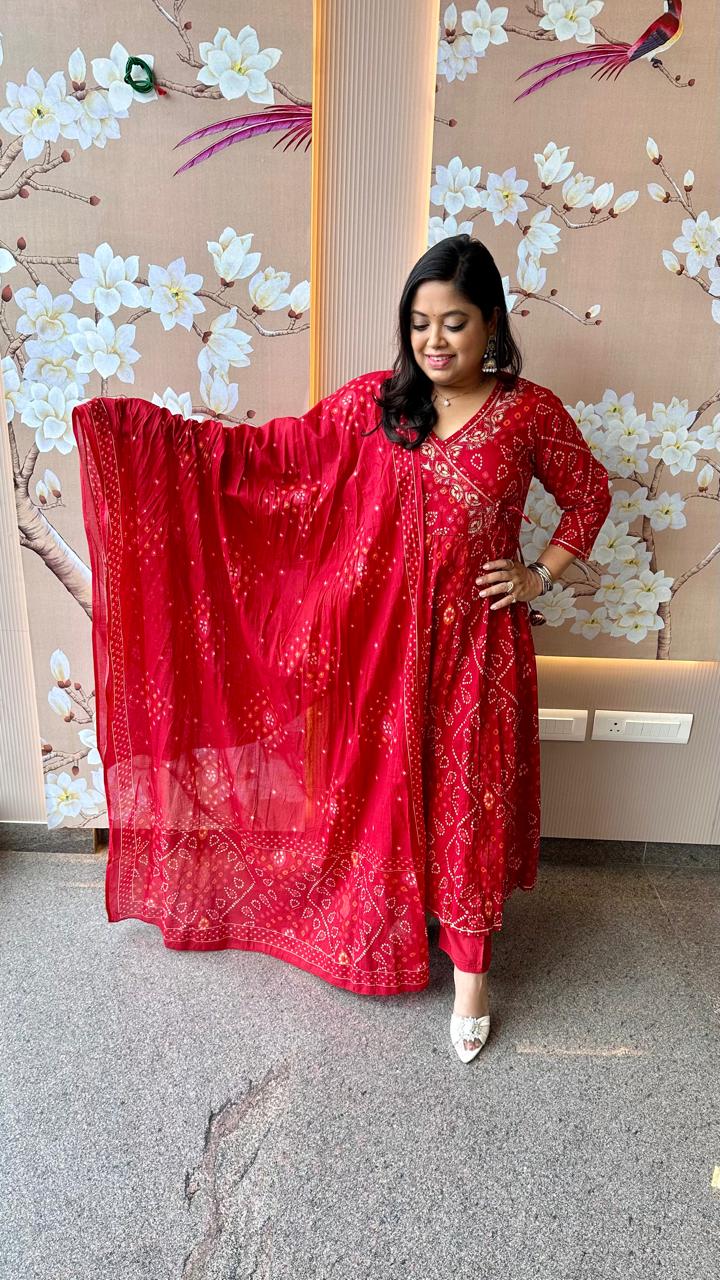 Restocked !! Bandhani Angrakha cotton suit set !!