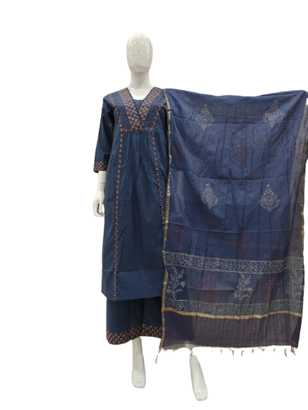 Blue V neck cotton full suit set with Chanderi dupatta