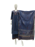 Blue V neck cotton full suit set with Chanderi dupatta