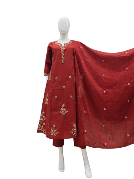 Red V neck cotton embroidered full suit set