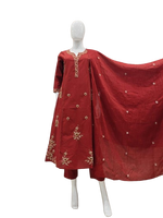 Red V neck cotton embroidered full suit set