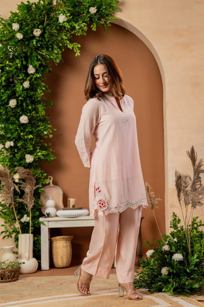 Appliqué work Mul Chanderi co ord set