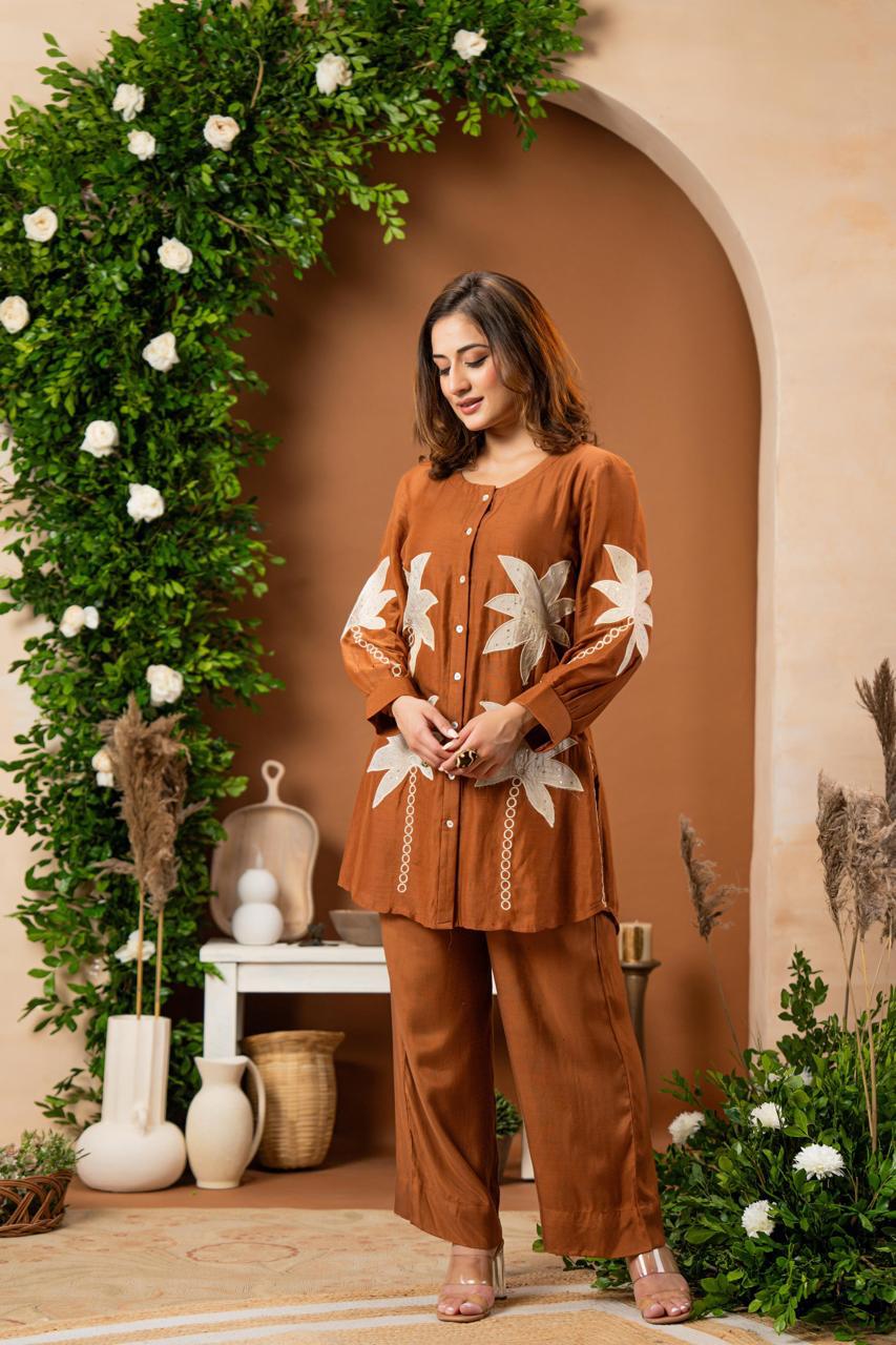 Mul Chanderi appliqué work co ord set brown