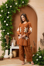 Mul Chanderi appliqué work co ord set brown