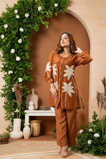 Mul Chanderi appliqué work co ord set brown