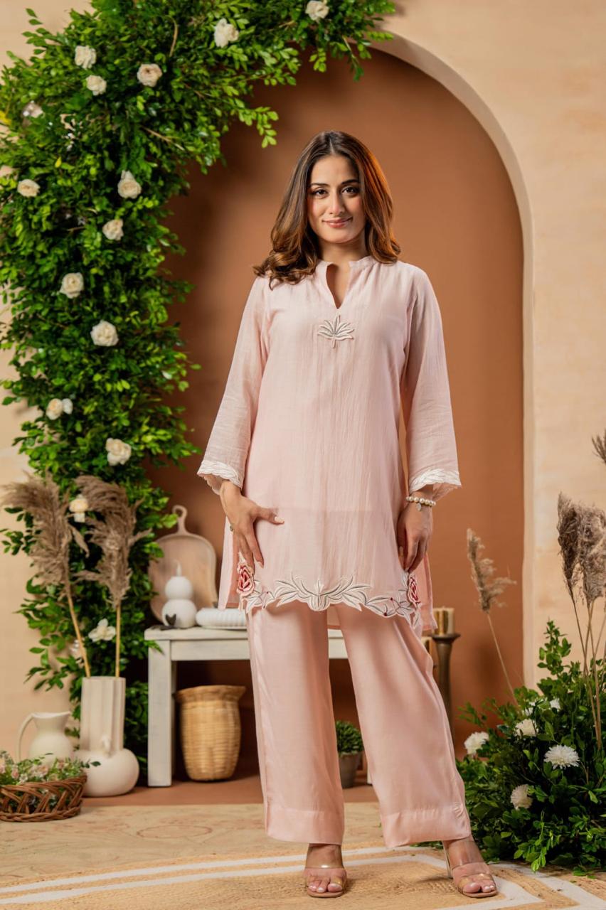 Appliqué work Mul Chanderi co ord set