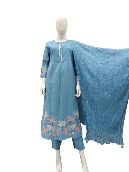 Appliqué work cotton full suit set in blue