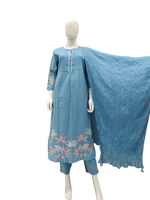 Appliqué work cotton full suit set in blue