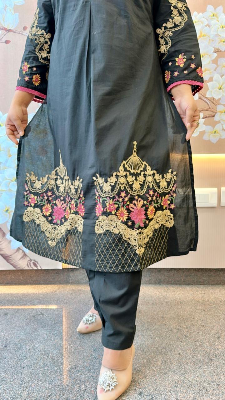 Jacket pattern fully embroidered cotton kurta pant