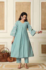 Raw silkdesigner sleeves smart kurta pant in blue