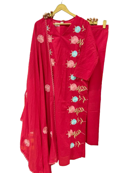 Pure cotton embroidered suit set paired with Kota doria dupatta