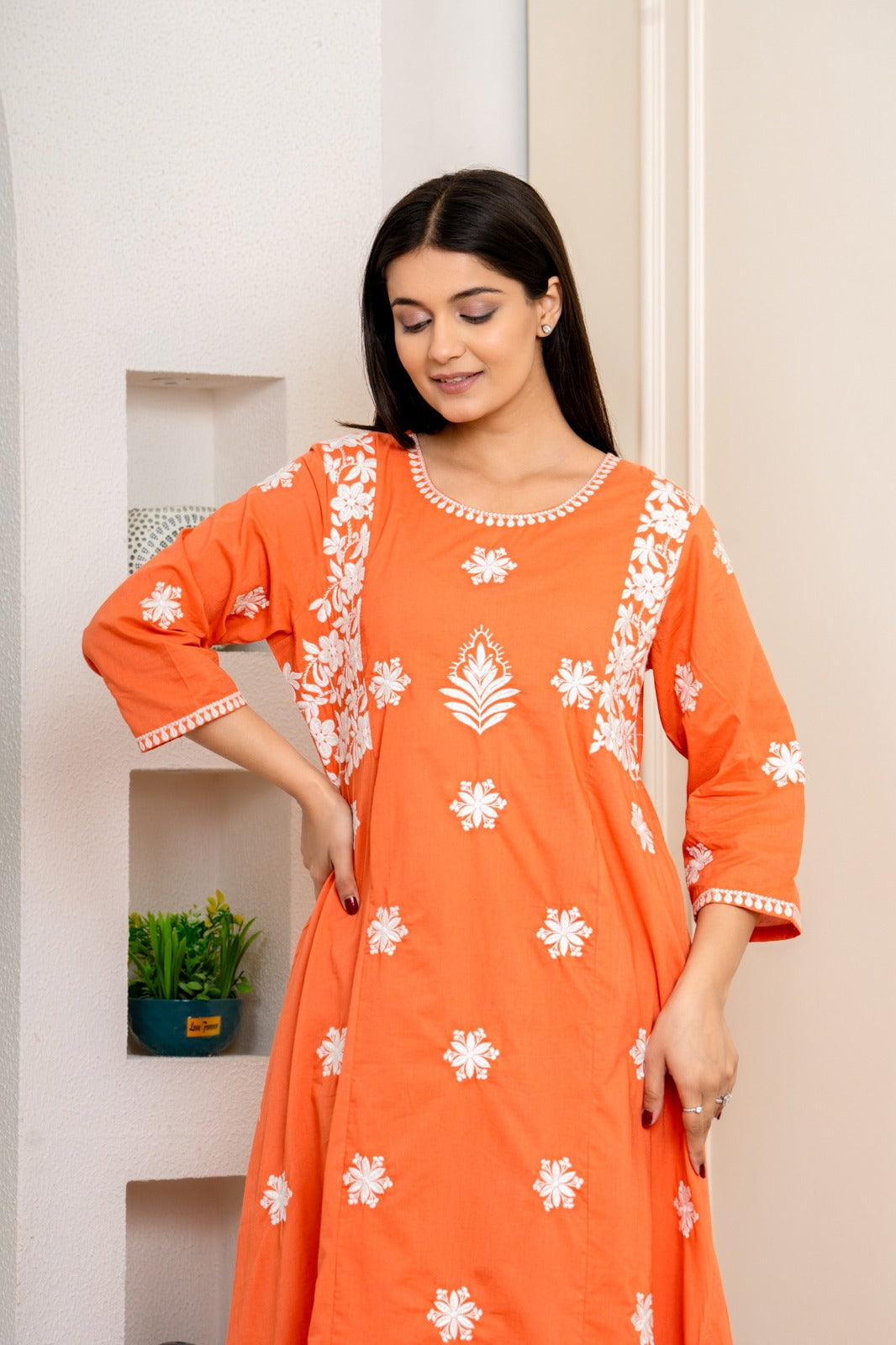 Pretty chikankari cotton kurta pant in orange