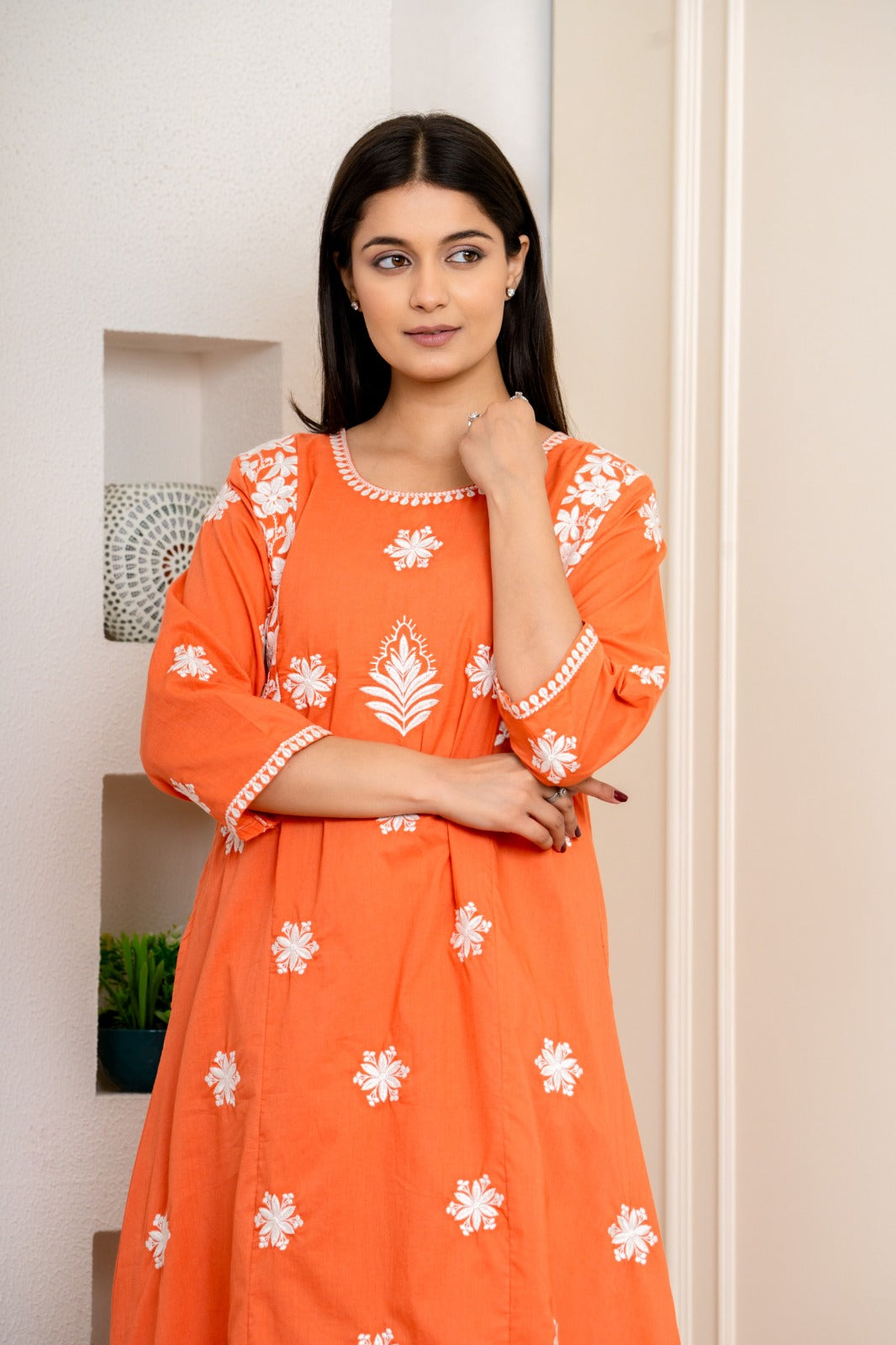 Pretty chikankari cotton kurta pant in orange