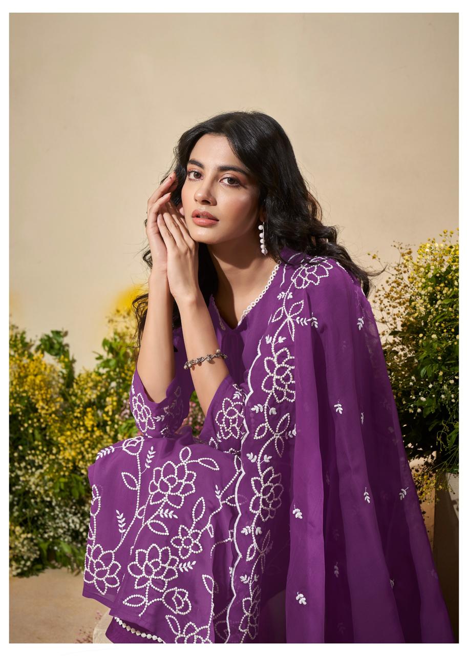 Pretty viscose organza embroidered suit set