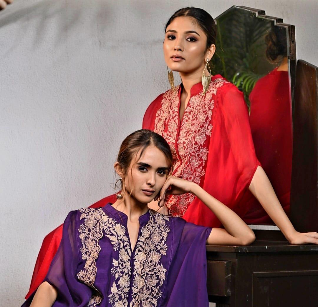 Beautiful silk set paired with organza cape in cherry red