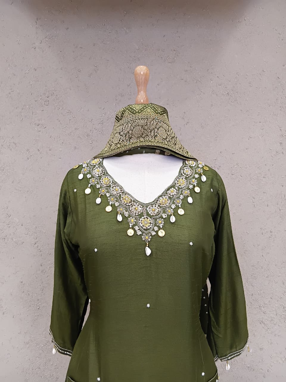 Gorgeous dola silk fully embellished suit set (extra margin available)