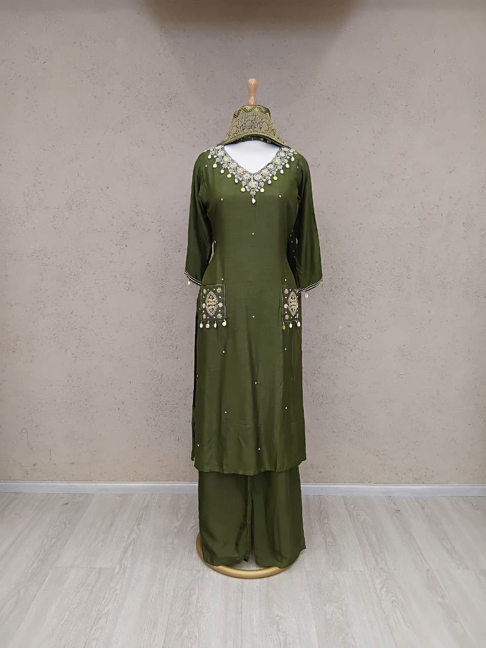 Gorgeous dola silk fully embellished suit set (extra margin available)
