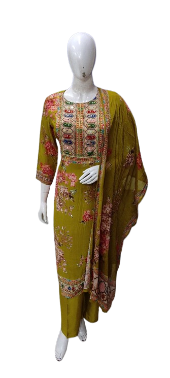 Pure crepe lining full suit set in green