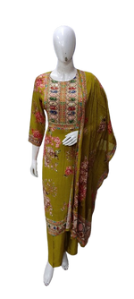 Pure crepe lining full suit set in green