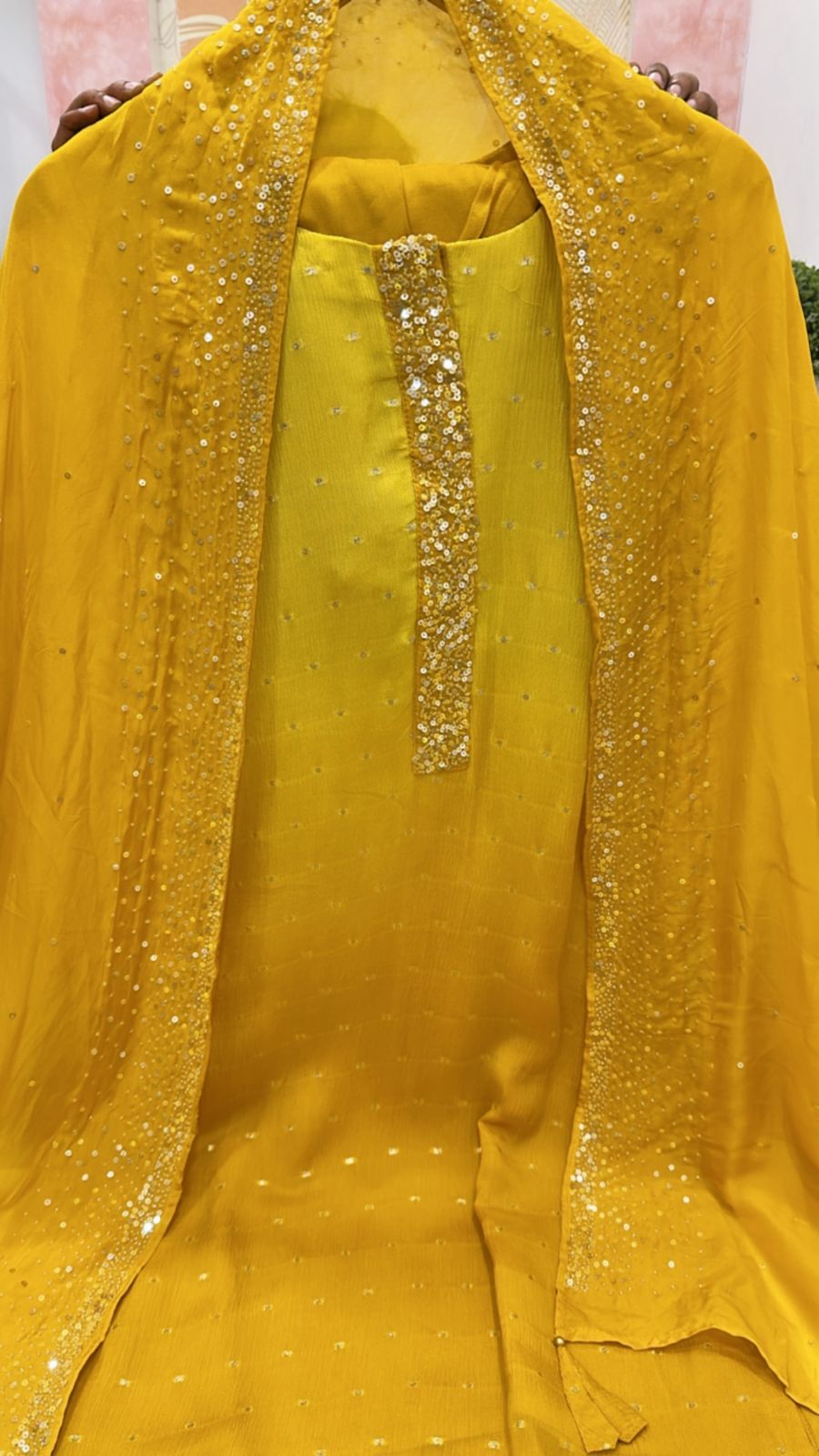 Heavy chinon with full gold Zari weaving suit paired with crepe embellished dupatta in yellow - ombré
