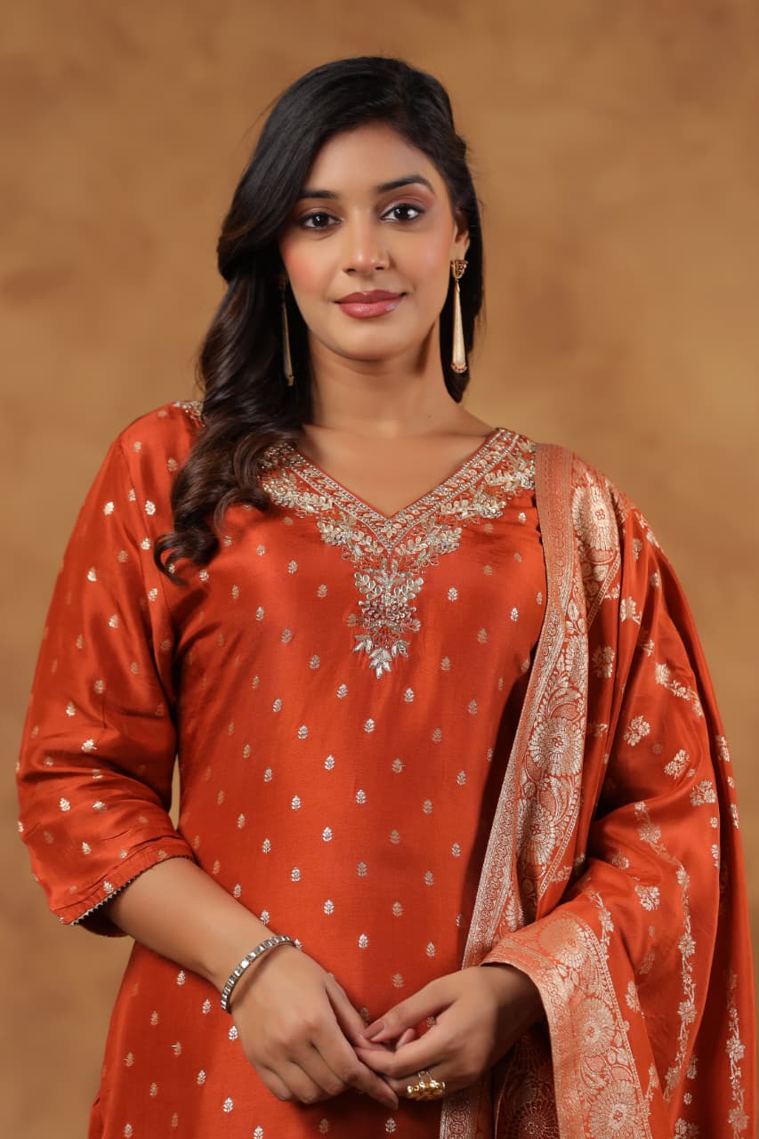 Banarasi silk V neck suit set in rust