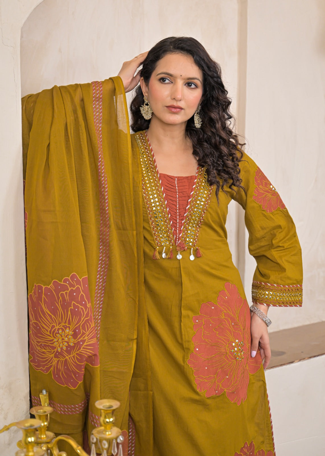 Designer cotton appliqué work suit set
