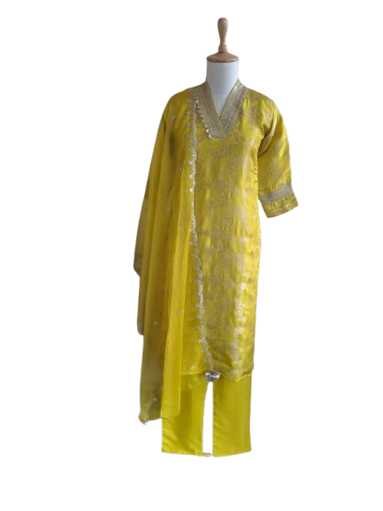 Banarasi silk V neck suit set