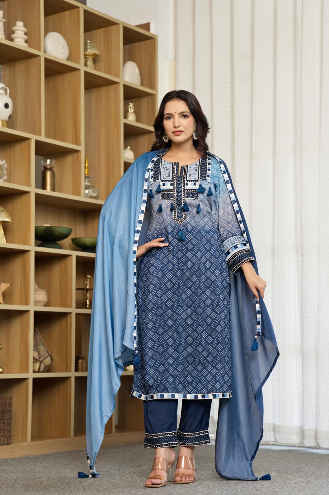Pure Mul silk beautiful detailing suit set in blue