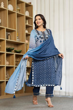 Pure Mul silk beautiful detailing suit set in blue