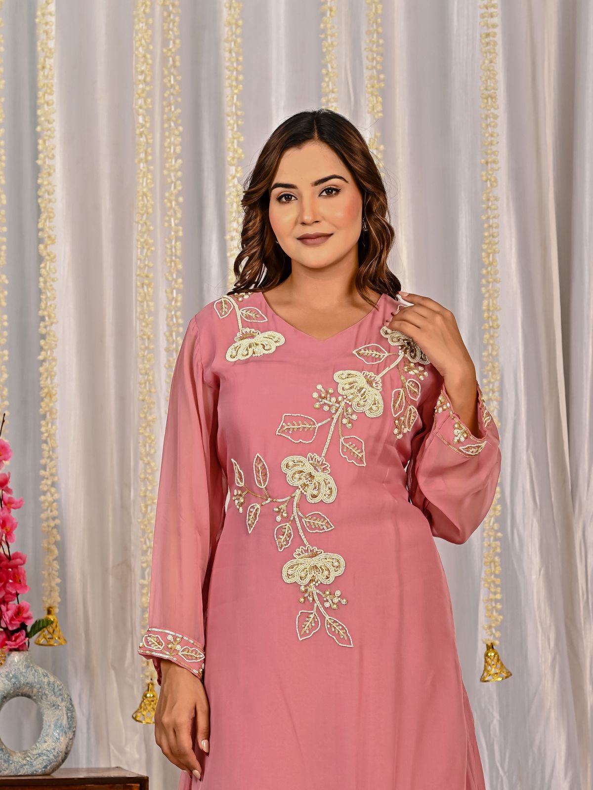 Super pretty organza full handwork co ord set in peach