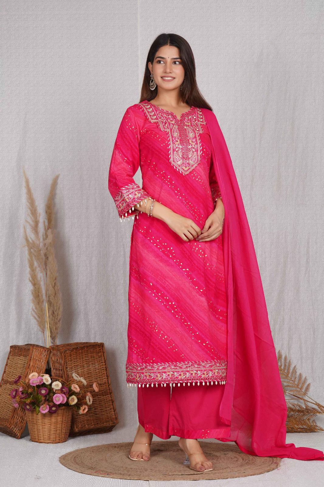 Pure cotton premium hand work n detailing suit set in pink